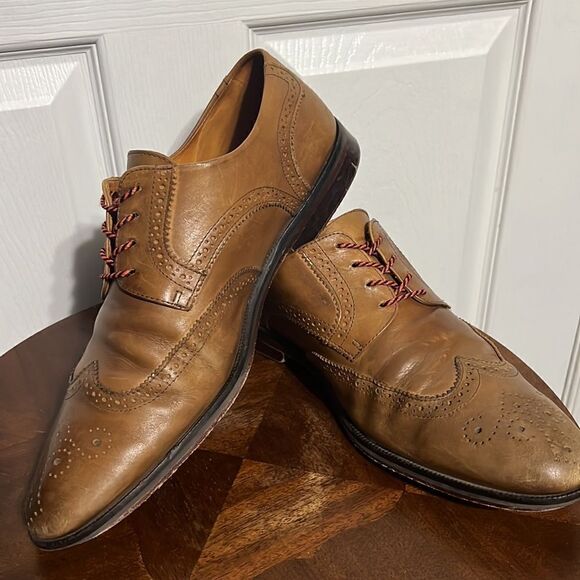 🔥🔥 Martin Dingman Made In Italy Tan Leather Lace Up Derby Wing Tip Shoes - GUC - Picture 5 of 11